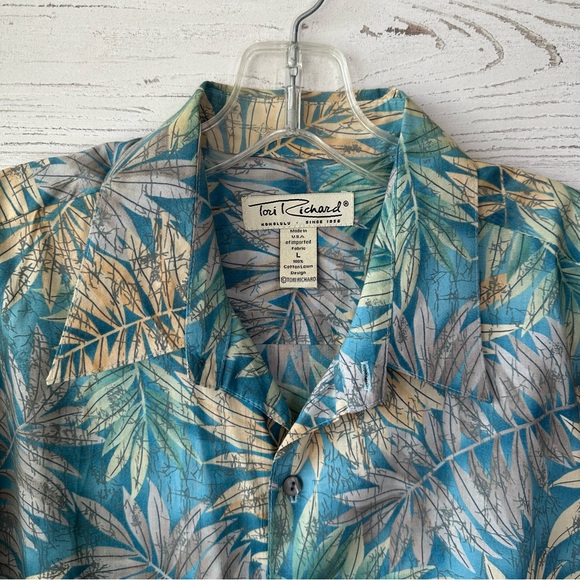 VINTAGE 80s TORI RICHARD HONOLULU Leaf Tropical Hawaiian Shirt L Made in USA - Picture 2 of 8